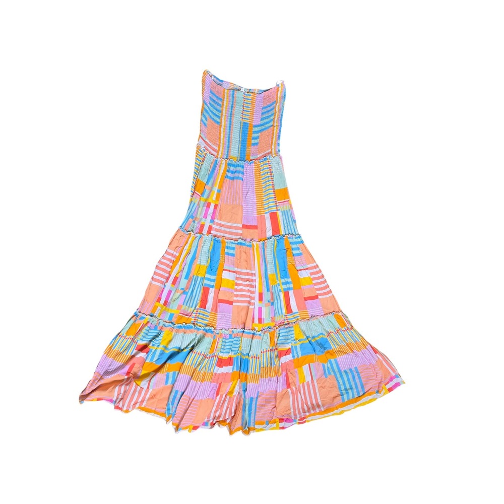 Abel the Label Strapless Maxi Dress Multi Color Patchwork Smocked Tiered Large - Picture 3 of 5